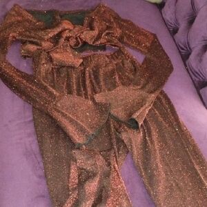 Shimmering Auburn  Two Piece with Bell Sleeves And Pants